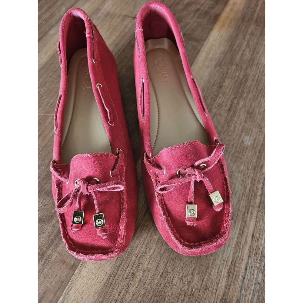 Red Suede Michael Kors Ladies Slide On Flats/loafers. Bows On Toes W Gold Blocks